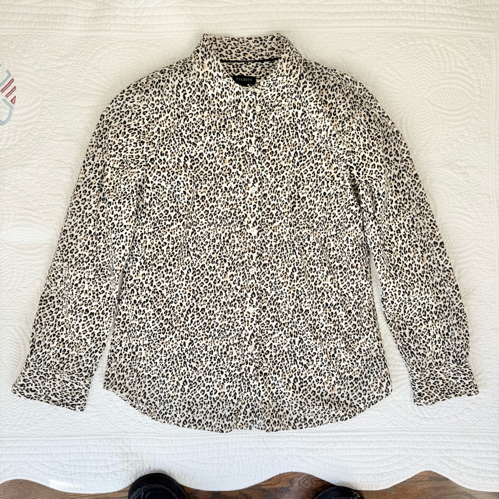 Talbots Leopard Print Modern Classic Cotton Shirt Long Sleeve Size XS - Picture 2 of 5